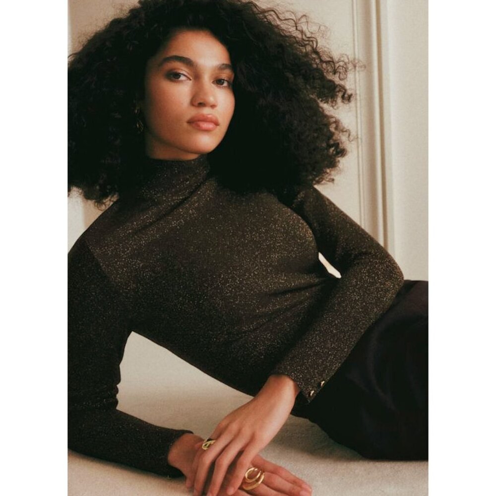 EUC Sezane Omaya Gold Sparkle Mock Neck Sweater Top Black Small